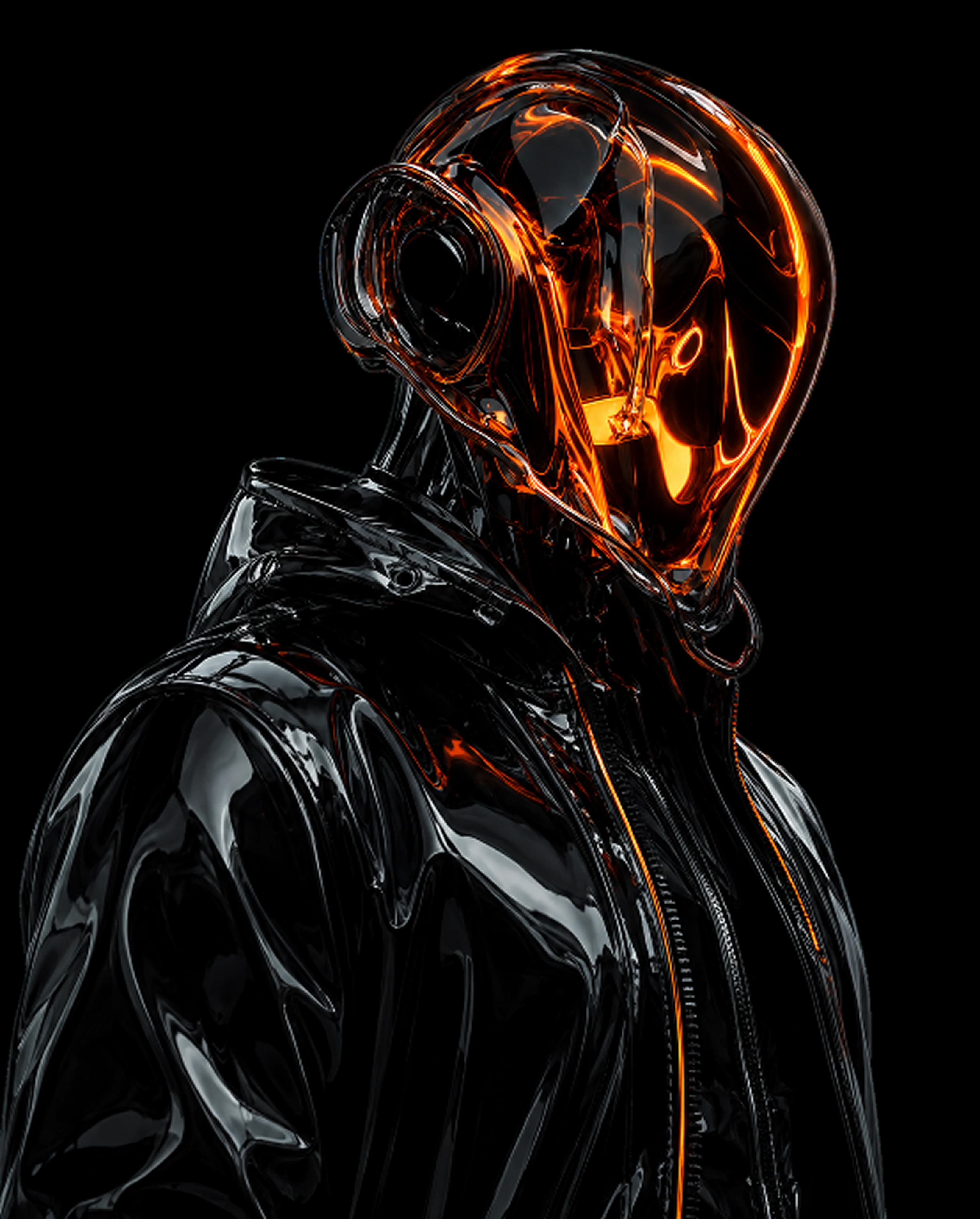 Figure in a glossy black jacket with a chrome, orange-lit visor helmet