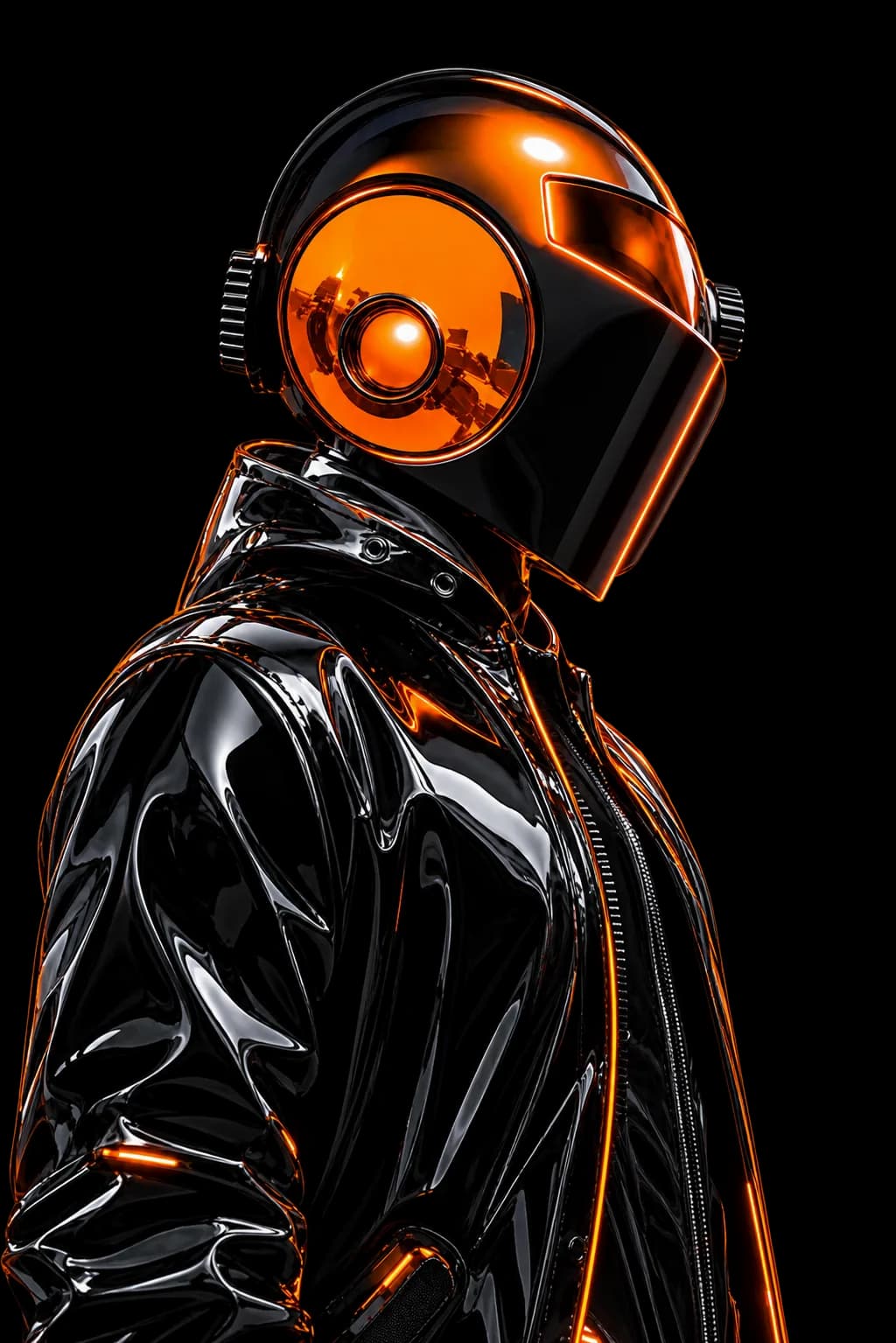 Figure in a glossy black jacket and orange-visored helmet
