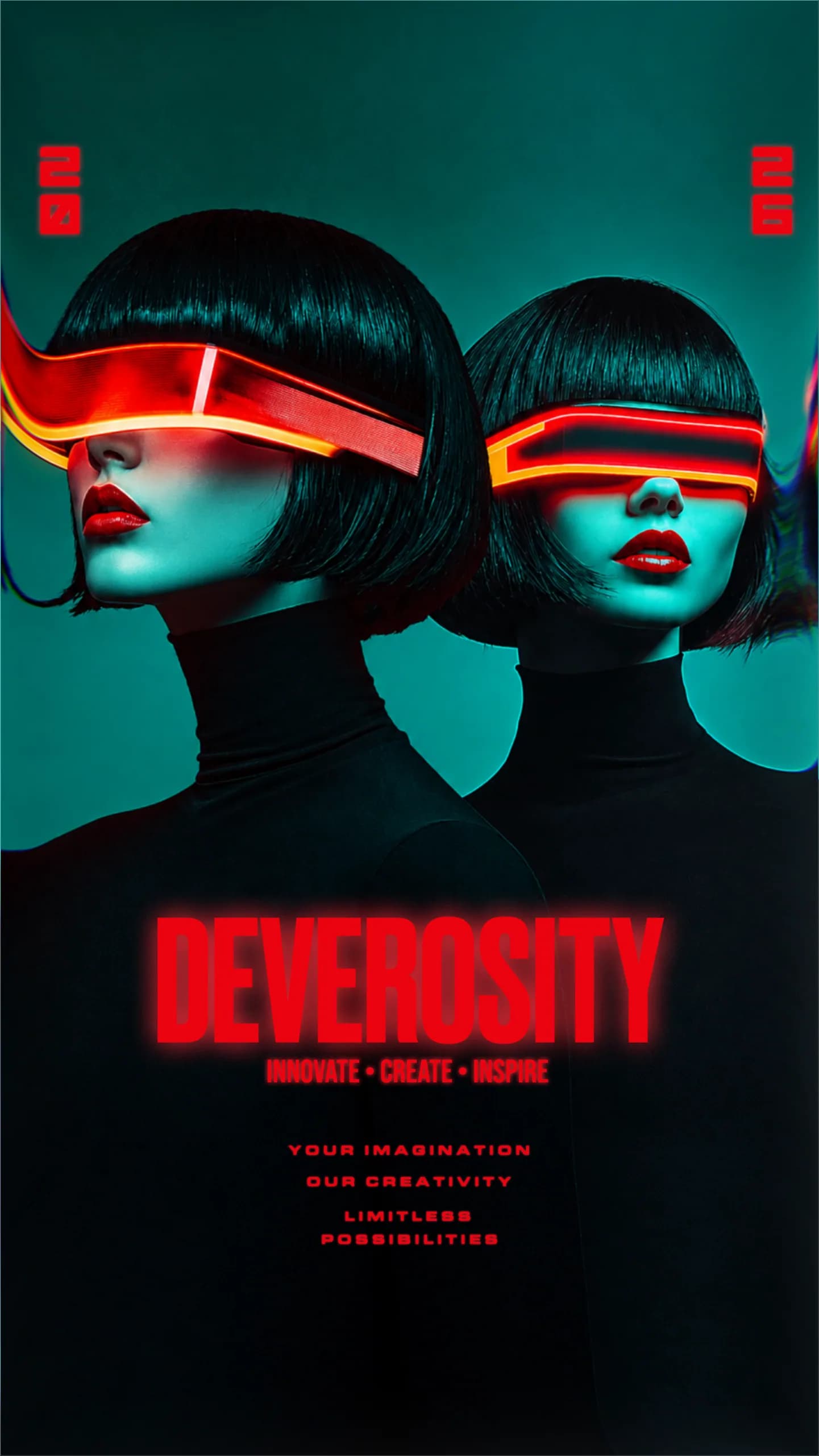 Neon red 'Deverosity' poster with two visored models