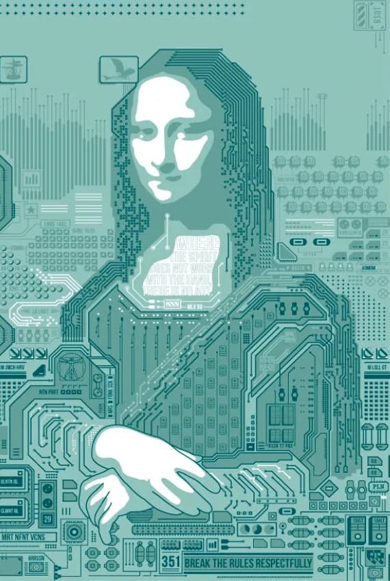 Pixel-art Mona Lisa built from circuit-board patterns
