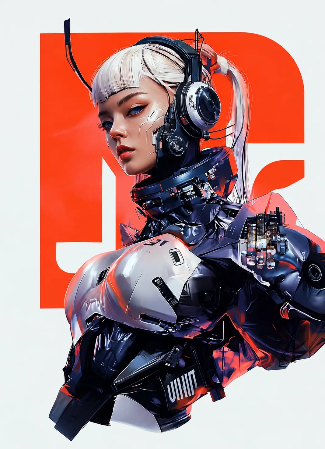 Cyberpunk portrait on a bold orange letterform