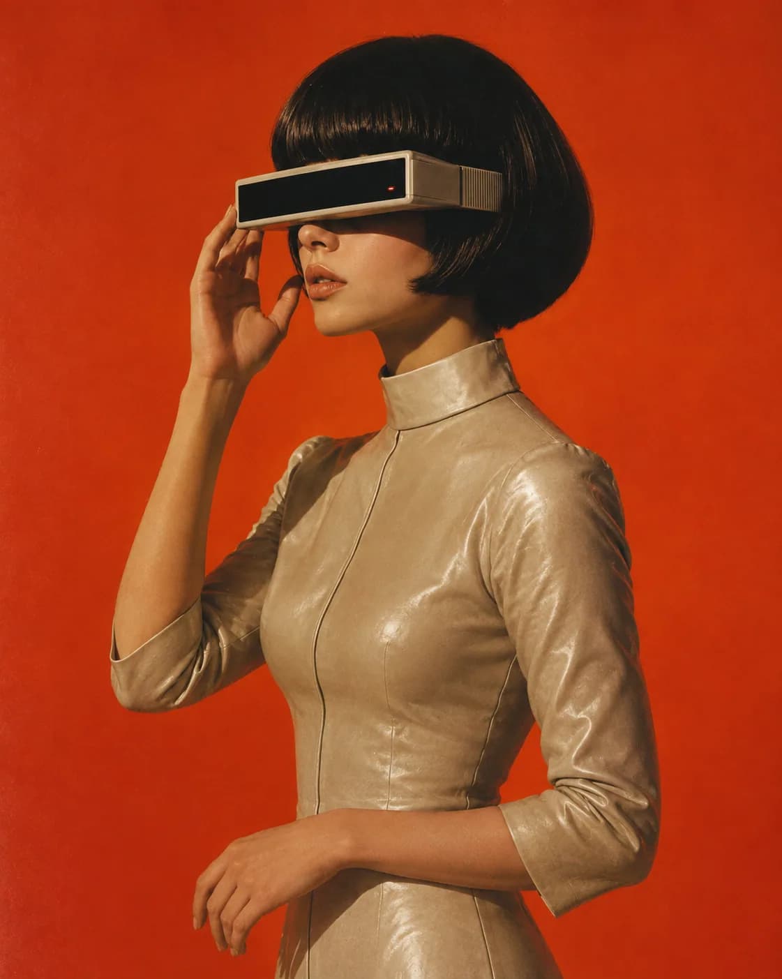 Woman in a metallic high-collar dress wearing a retro visor against a red backdrop