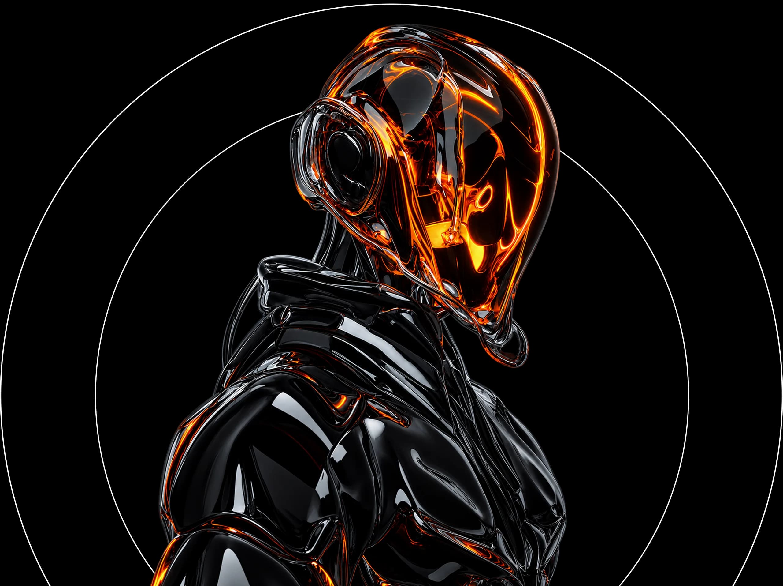 Chrome figure with a glowing orange visor, framed by concentric rings