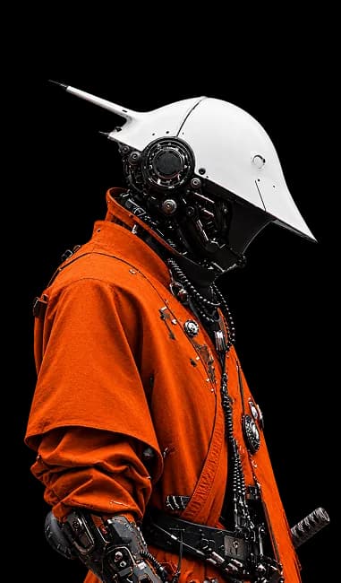 Figure in an orange suit and white helmet, looking up