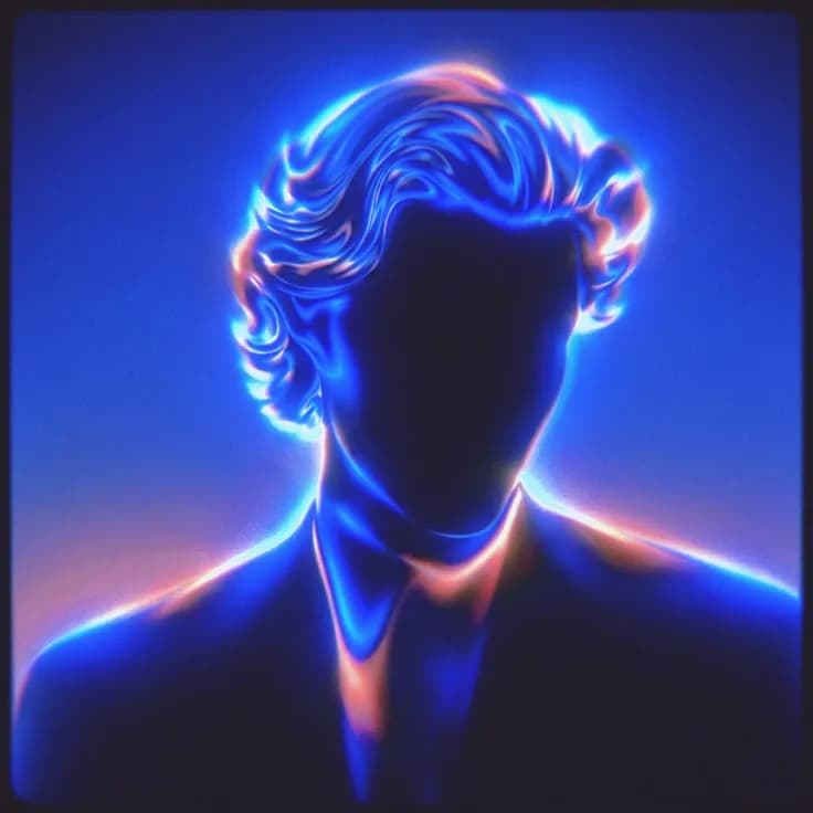 Glowing blue silhouette of a figure with wavy hair