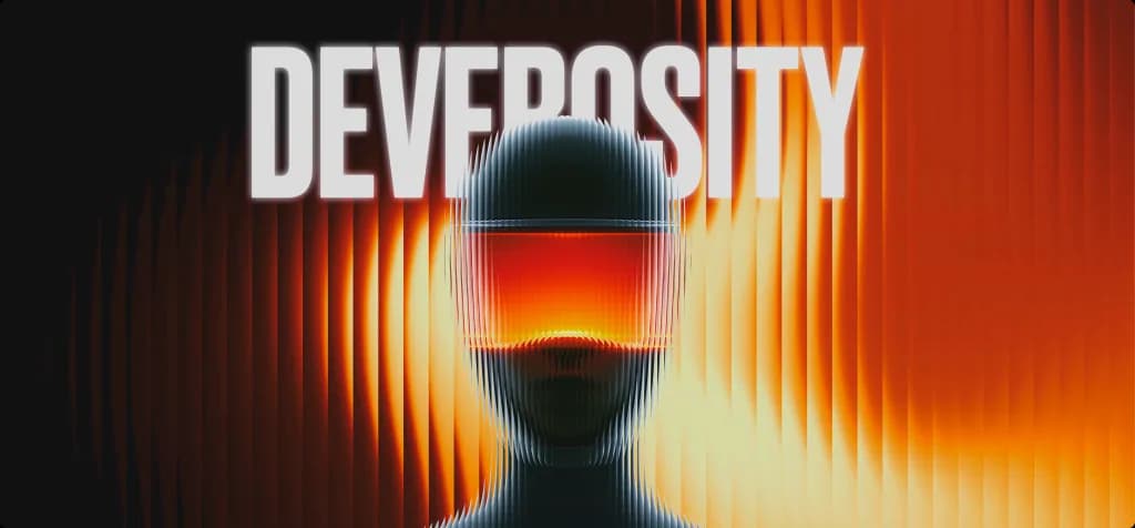 Deverosity banner with a chrome-helmeted figure