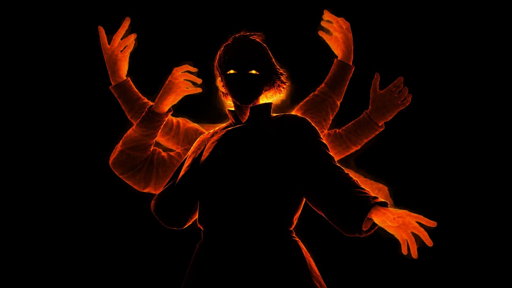 Six-armed silhouette lit by an orange glow