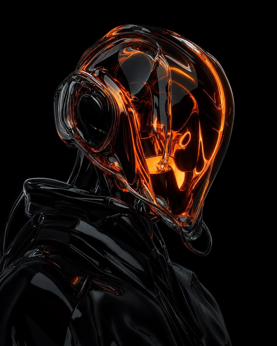 Figure in a glossy chrome and glass helmet