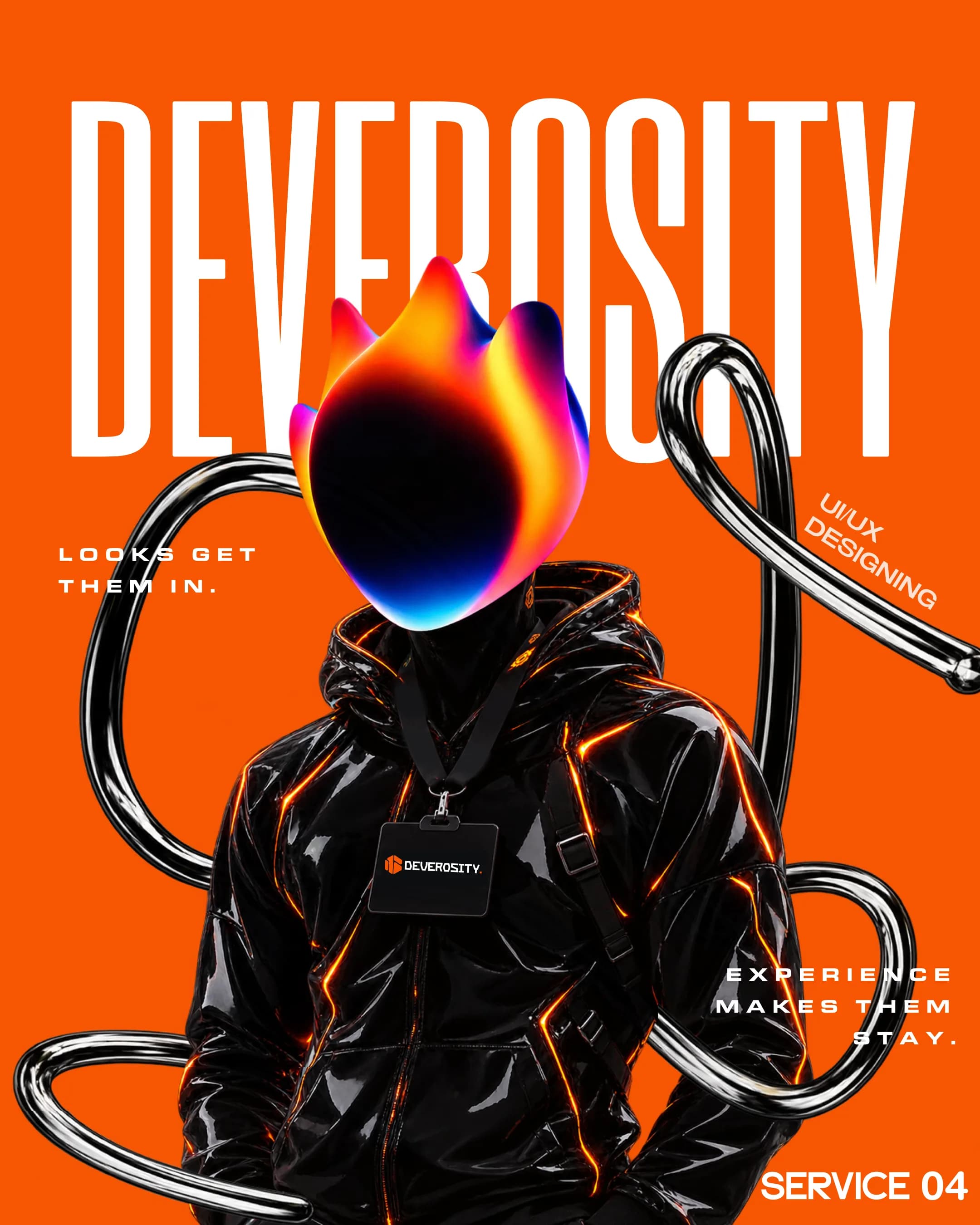 Poster: hooded figure with an abstract flame-gradient head, chrome cable loops