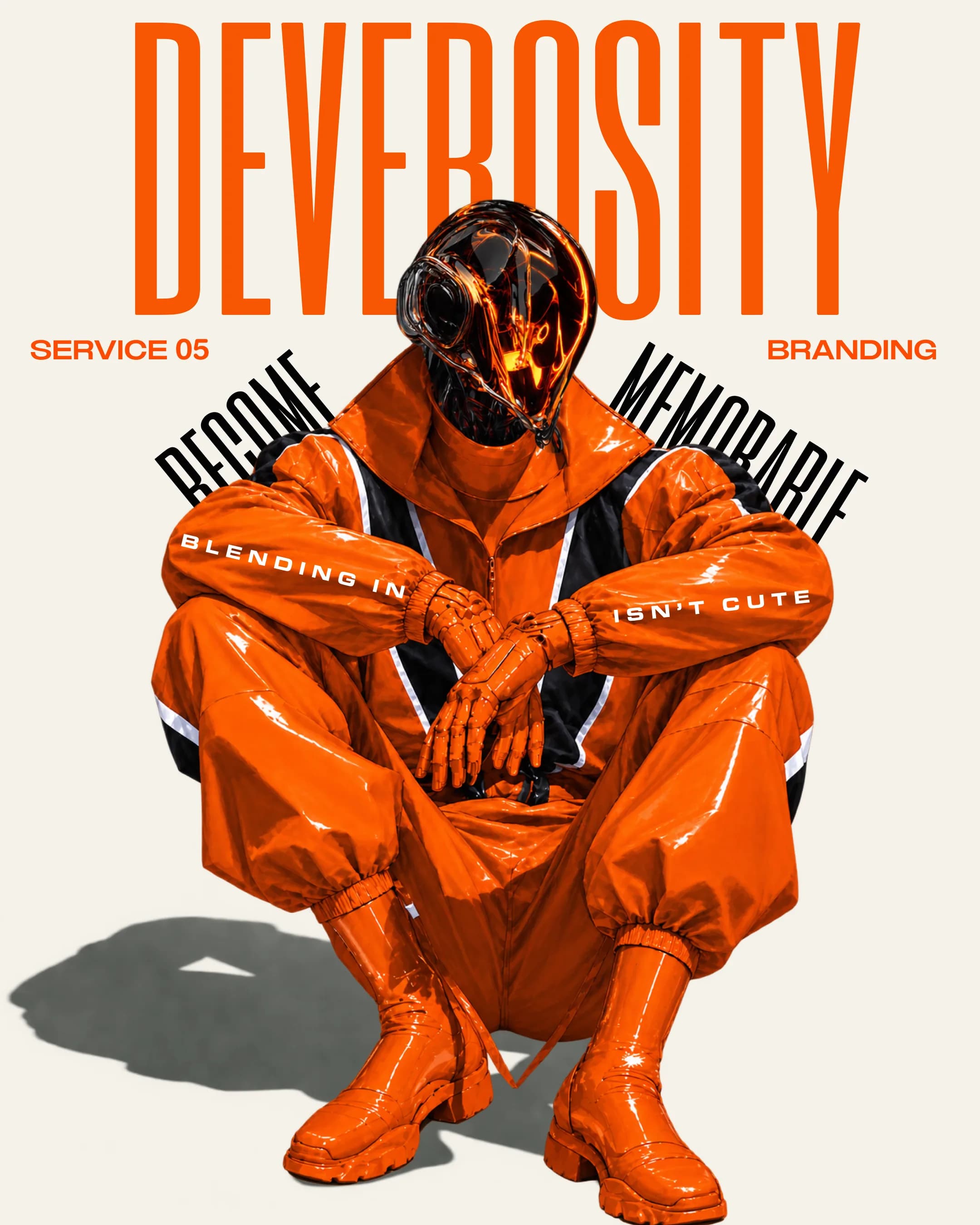 Poster: crouched figure in an orange suit, 'become memorable, blending in isn't cute'