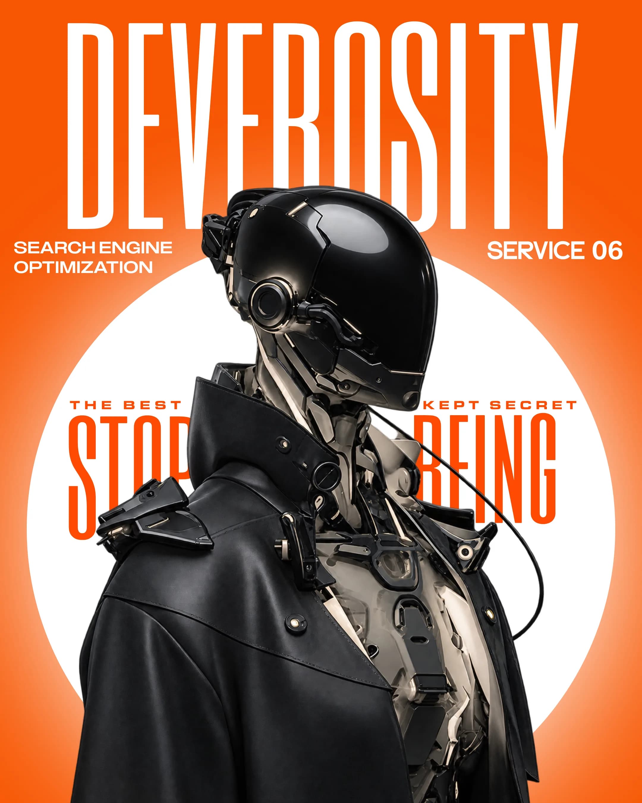 Poster: figure in a black mechanical-shoulder jacket and helmet