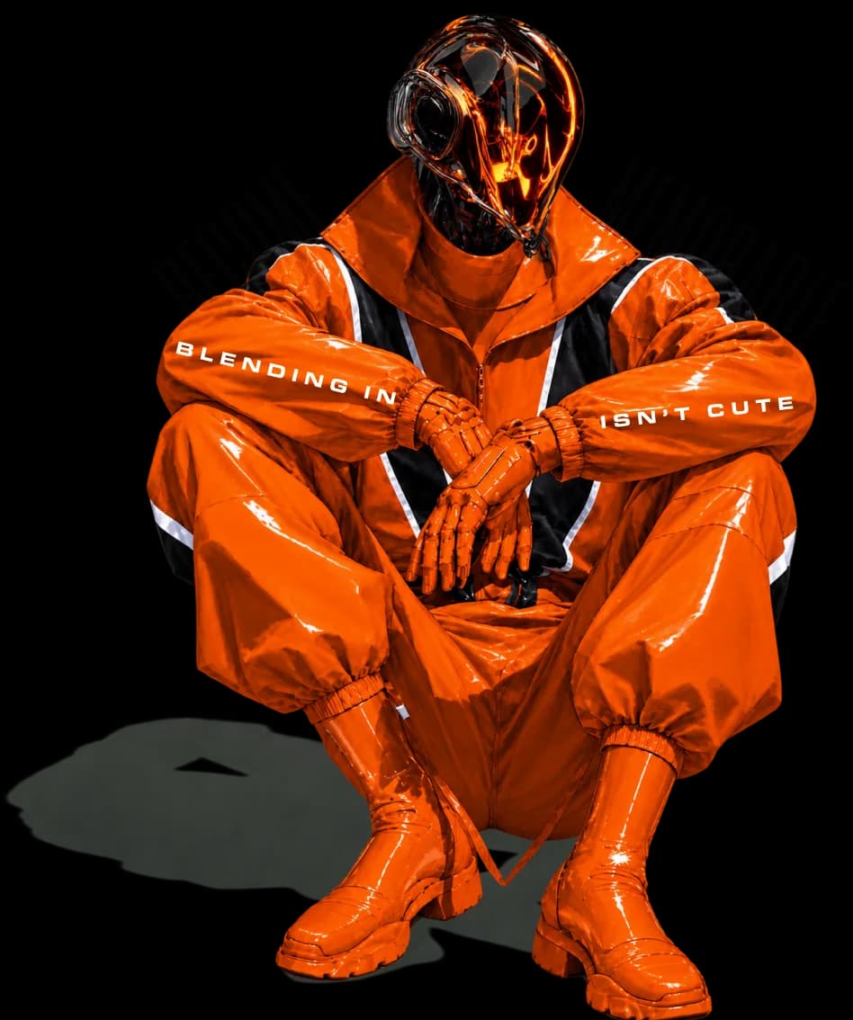 Figure in an orange suit crouched, with 'become memorable, blending in isn't cute' printed across the frame