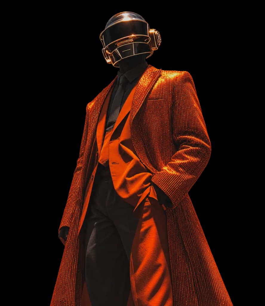 Person in a shimmering orange coat and a chrome, dark-visored helmet