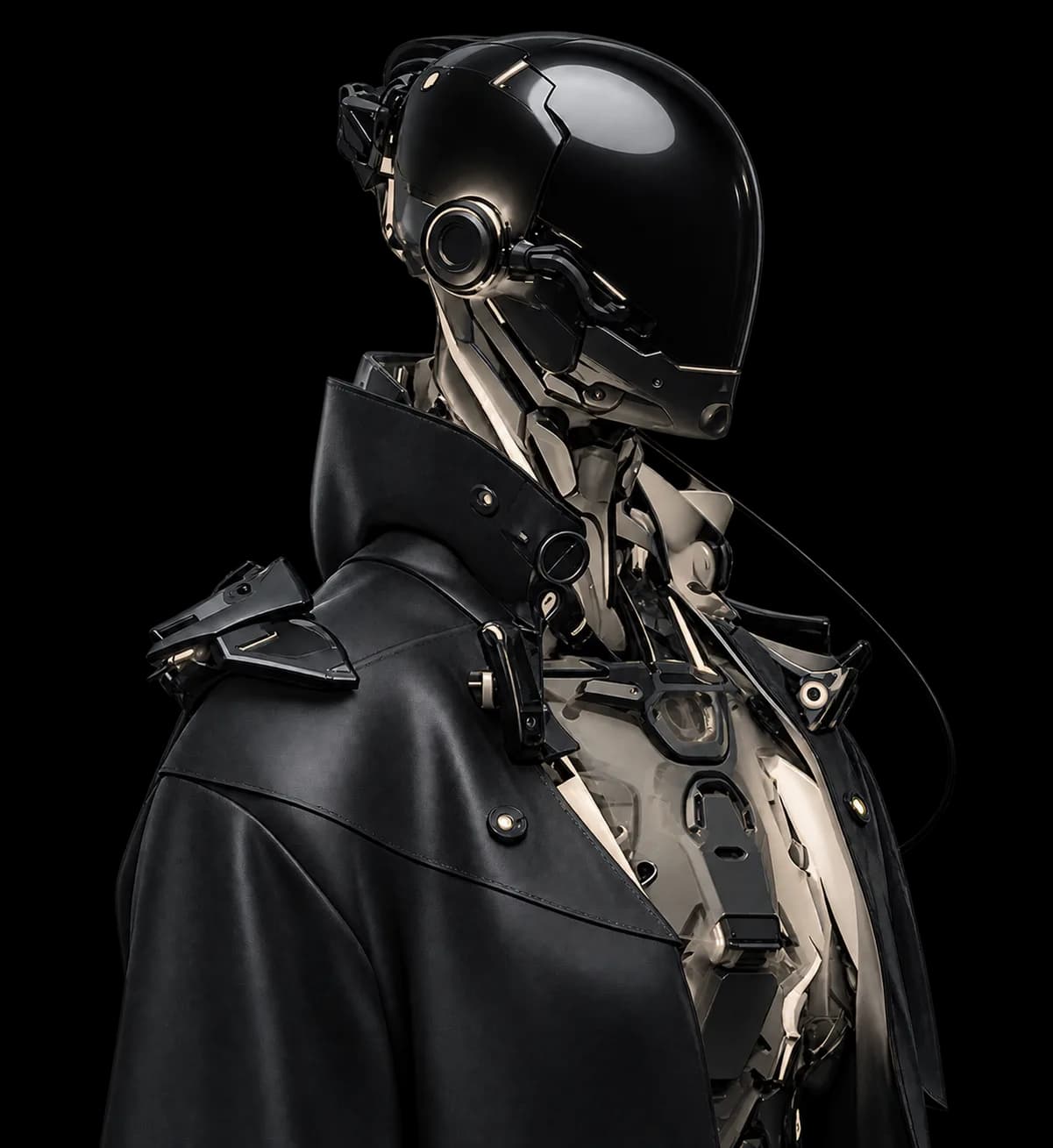Figure in a black helmet and cable-rigged jacket, lit against an orange glow