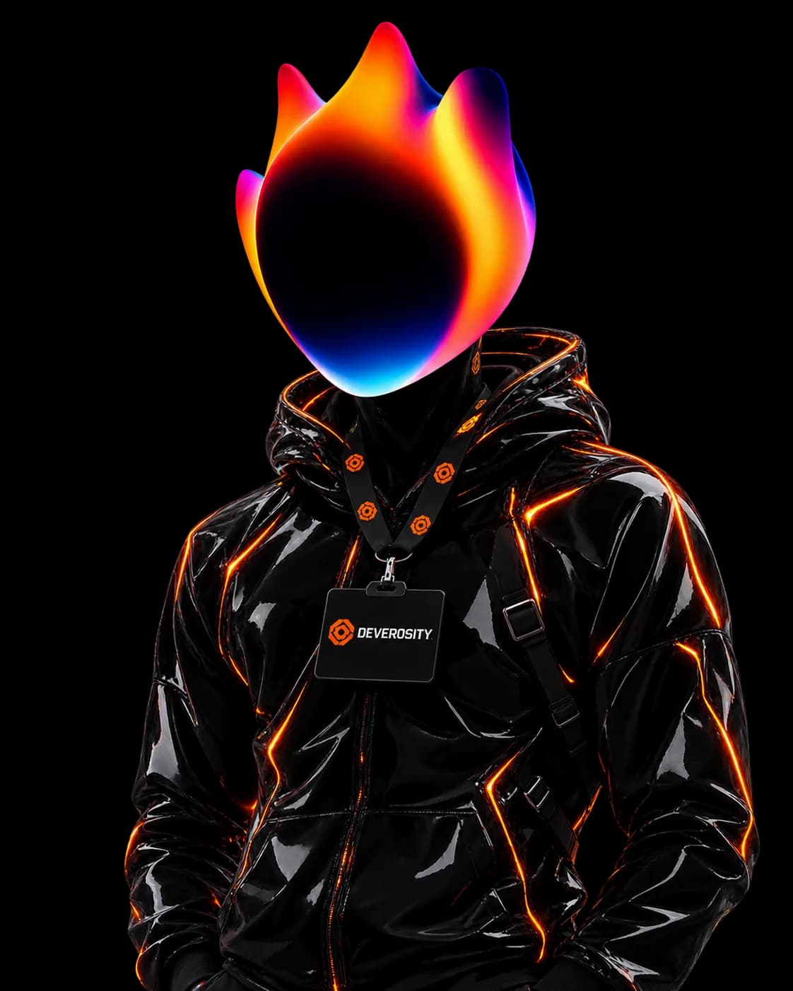 Figure in a glossy black jacket with a chrome cable loop halo and an abstract flame-gradient head