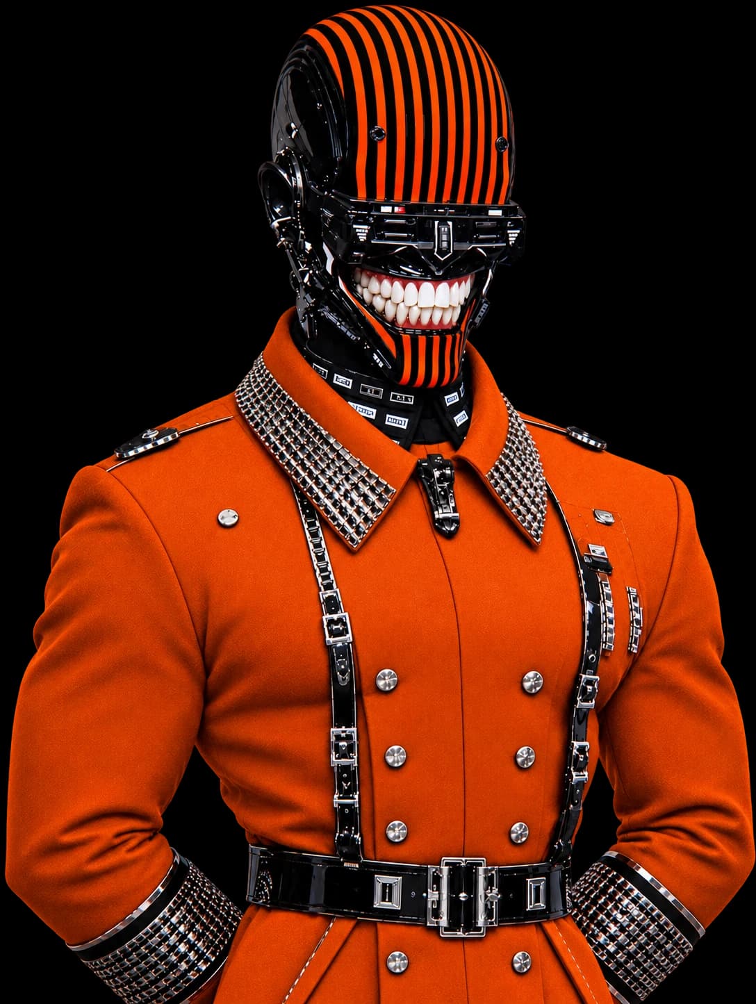Team member in a gold visor and orange sequin coat