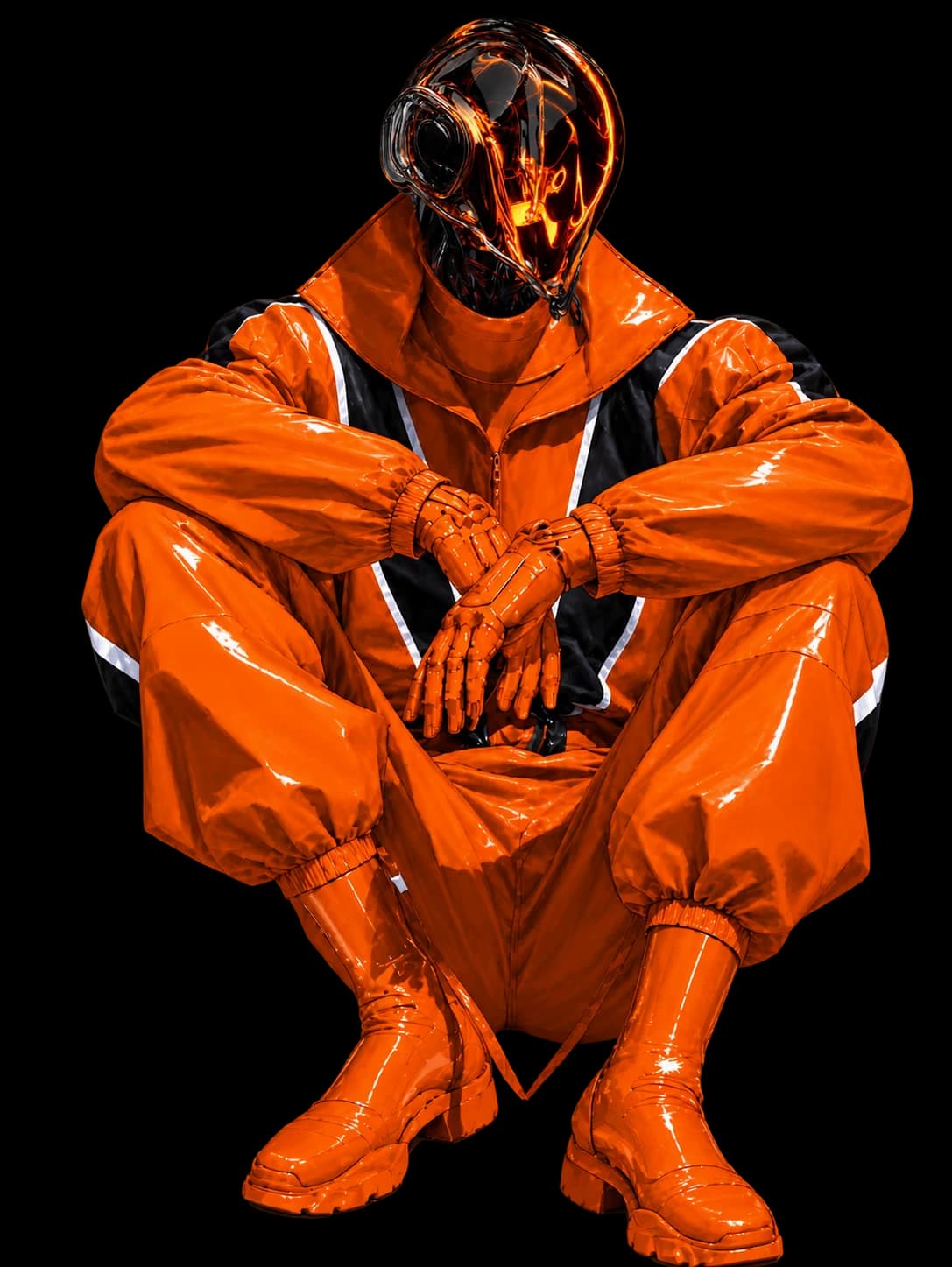 Team member in a glossy orange jumpsuit, crouched