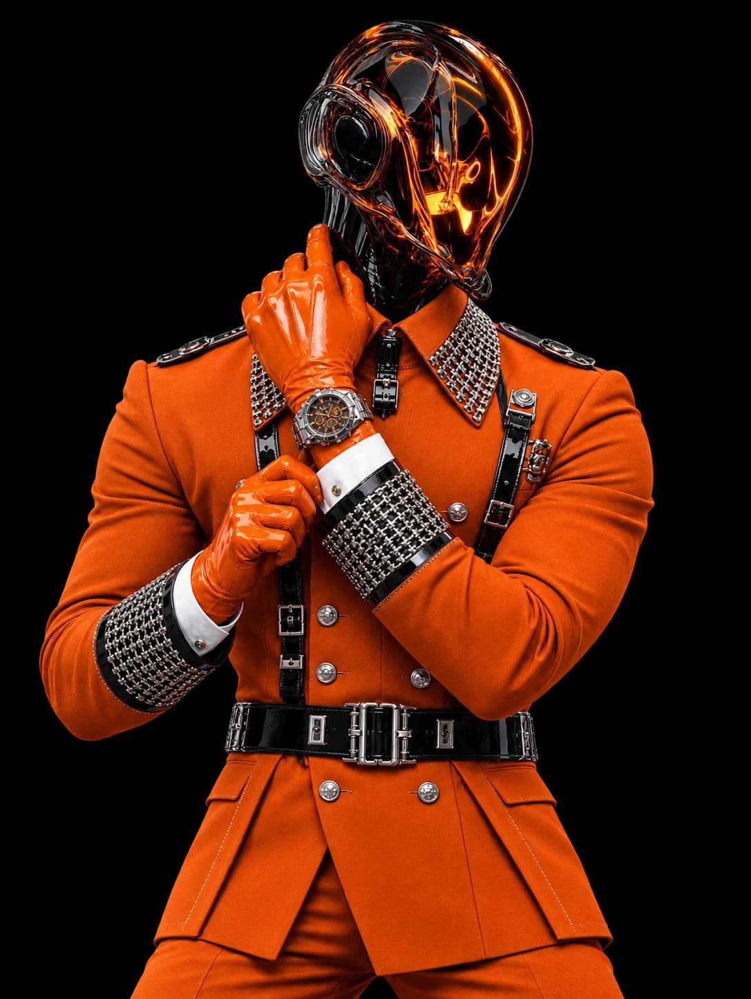 Team member in a glossy orange helmet, hand raised to chin