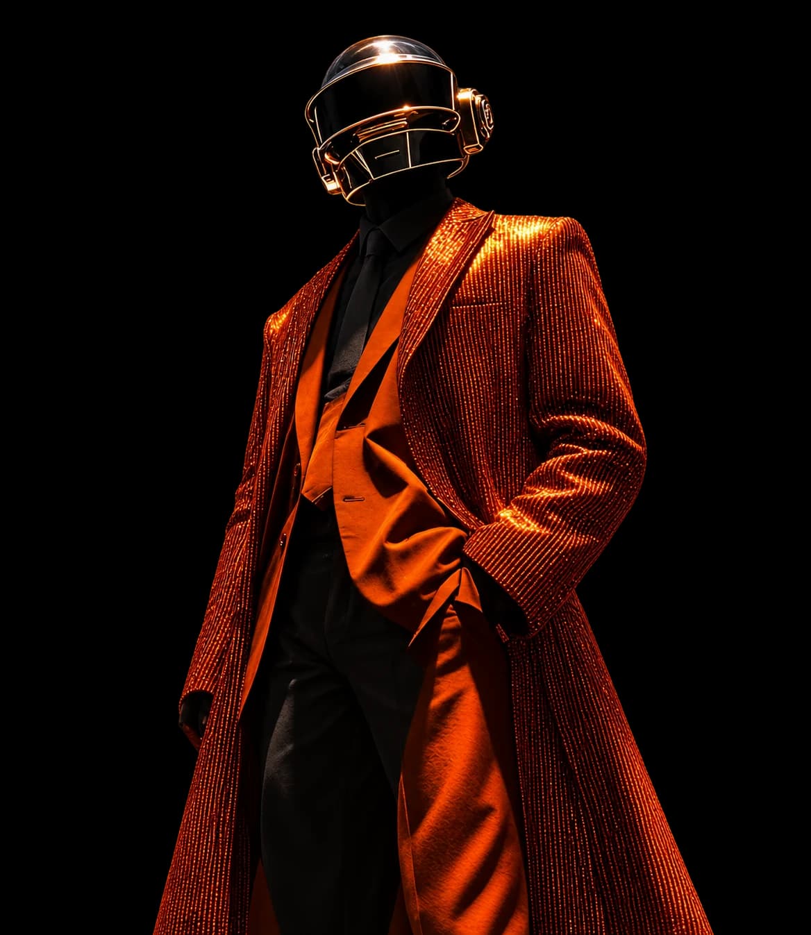 Team member in a black helmet and orange coat, side profile